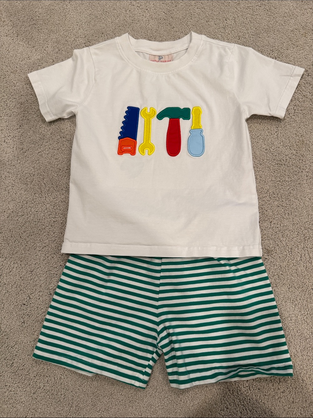 White Tool Appliqué Kids Matching Set with Green Striped Shorts